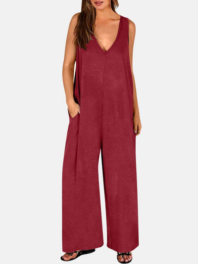 Full Size V-Neck Wide Strap Jumpsuit - Ebony's Shopping