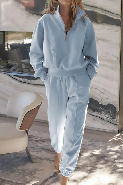 Half Zip Long Sleeve Top and Joggers Set - Ebony's Shopping