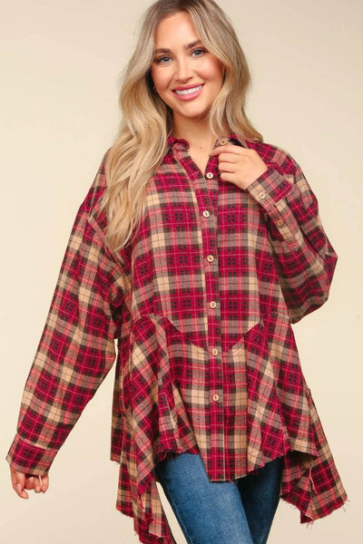Haptics Plaid Button Down Sharkbite Shirt - Ebony's Shopping