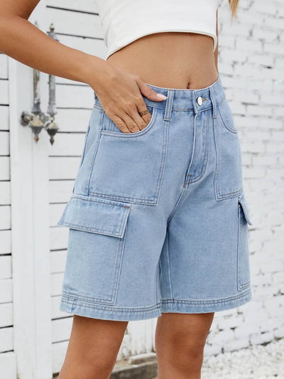 High Waist Denim Shorts with Cargo Pockets - Ebony's Shopping