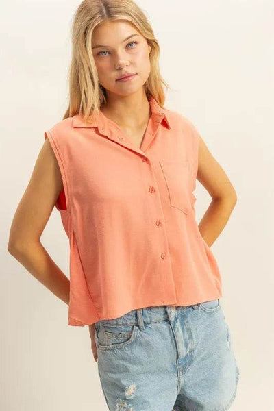 HYFVE Buttoned Front Sleeveless Collar Shirt - Ebony's Shopping