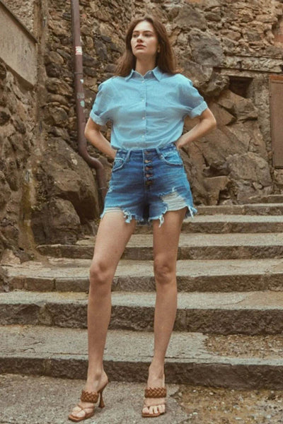 Kancan Distressed Button-Fly High Waist Denim Shorts - Ebony's Shopping