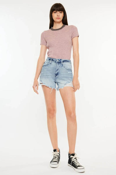 Kancan Distressed High Waist Denim Shorts with Pockets - Ebony's Shopping