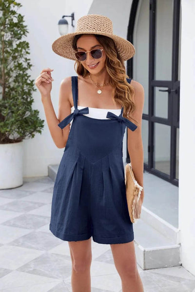 Knotted Strap Romper with Pockets - Ebony's Shopping