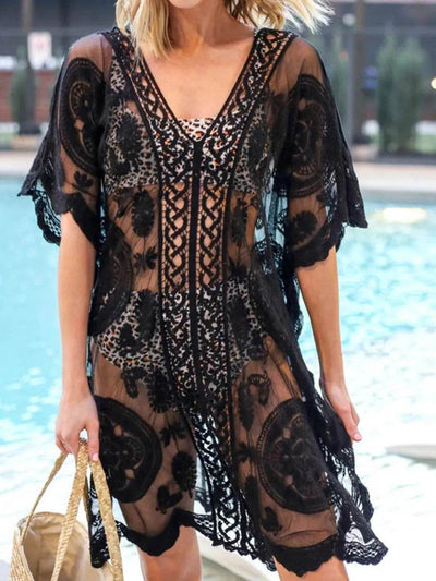 Lace V-Neck Half Sleeve Cover-Up - Ebony's Shopping