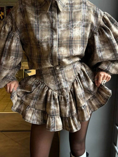 Lantern Sleeve Shirt and Ruffled Skirt Set - Ebony's Shopping
