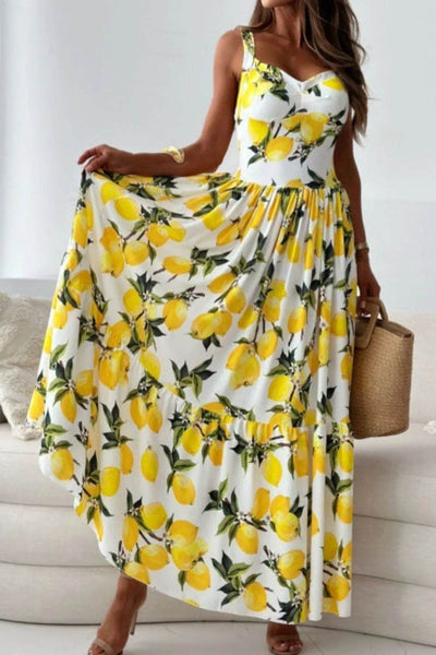 Lemon Print Sweetheart Neck Maxi Dress - Ebony's Shopping