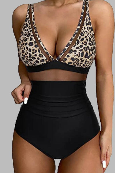 Leopard V-Neck Wide Strap One-Piece Swimwear - Ebony's Shopping