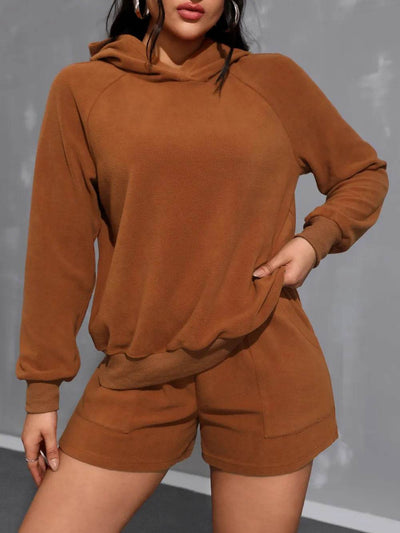 Long Sleeve Hoodie and Pocketed Shorts Set - Ebony's Shopping