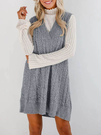 Lovelet Cable Knit V-Neck Mini Sweater Overall Dress - Ebony's Shopping