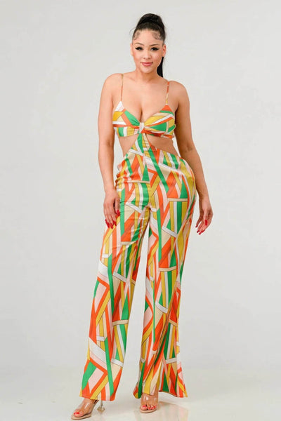 Luxe geo print satin bra top and palazzo jumpsuit - Ebony's Shopping