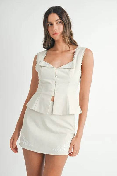 MABLE Embroidered Button Front Top and Mini Skirt Set - Ebony's Shopping