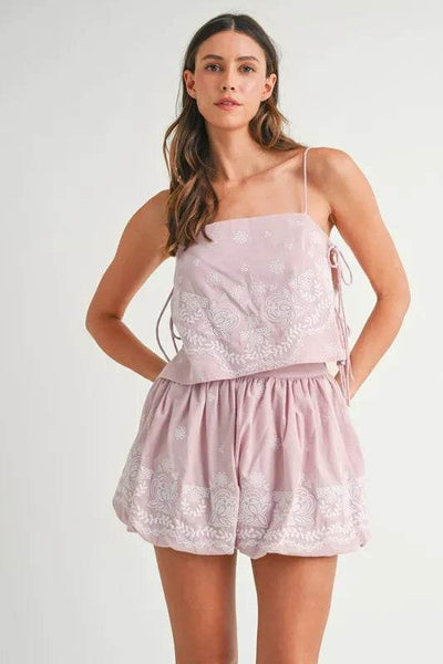 MABLE Embroidered Crop Cami and Balloon Mini Skirt Set - Ebony's Shopping