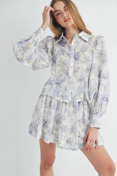 MABLE Floral Print Button Down Blouse and Mini Skirt Set - Ebony's Shopping
