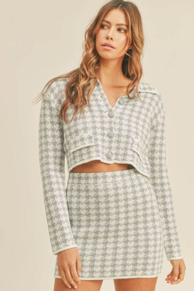 MABLE Houndstooth Cropped Knit Cardigan and Mini Skirt Set - Ebony's Shopping