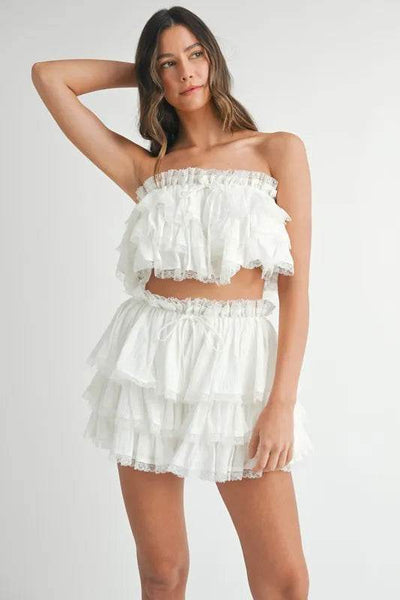 MABLE Ruffle Layered Crop Top and Mini Skirt Set - Ebony's Shopping