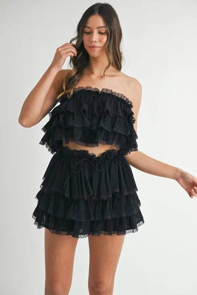 MABLE Ruffle Layered Crop Top and Mini Skirt Set - Ebony's Shopping