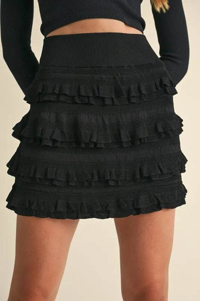 MABLE Ruffled Detail High Waist Knit Mini Skirt - Ebony's Shopping