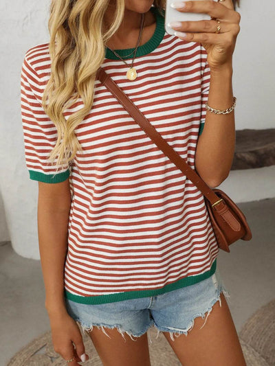 Mandy Striped Round Neck Half Sleeve Knit Top - Ebony's Shopping