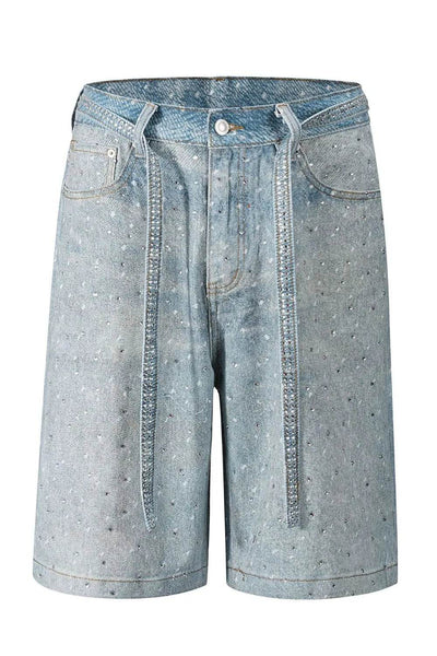 Men's Washed Rhinestone Denim Bermuda Shorts - Ebony's Shopping