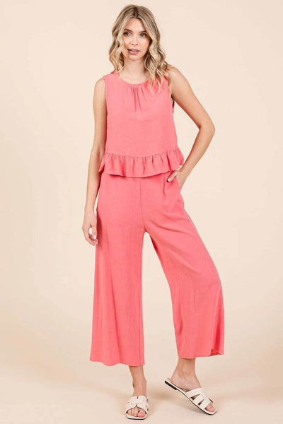 Mittoshop Linen Ruffle Tank Top and Pants Set - Ebony's Shopping