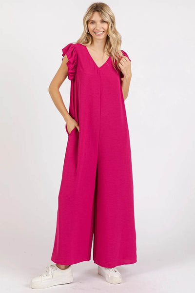 Mittoshop V-Neck Ruffled Cap Sleeve Wide Leg Jumpsuit - Ebony's Shopping