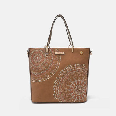 Nicole Lee USA Metallic Stitching Embroidery Inlaid Rhinestone Tote Bag - Ebony's Shopping
