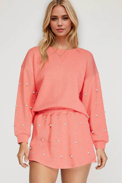 Oh Pearl Trim Round Neck Long Sleeve Top and Skirt Set - Ebony's Shopping