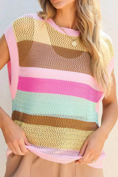 Openwork Round Neck Striped Knit Cover Up - Ebony's Shopping