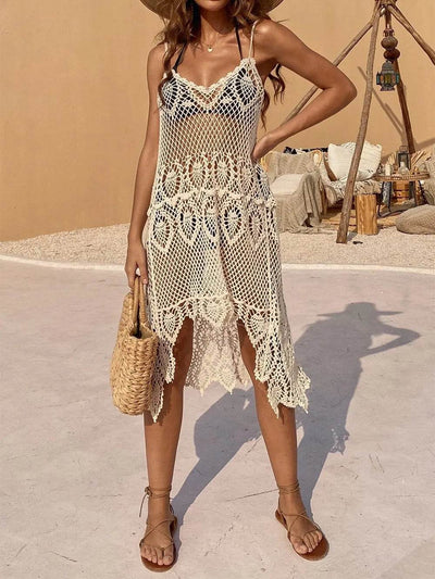 Openwork Scoop Neck Spaghetti Strap Cover-Up Dress - Ebony's Shopping