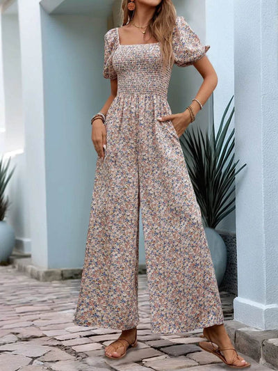 Perfee Ditsy Floral Smocked Square Neck Puff Sleeve Jumpsuit - Ebony's Shopping