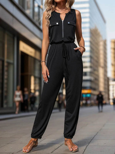 Perfee Half Zip Sleeveless Jumpsuit with Pockets - Ebony's Shopping