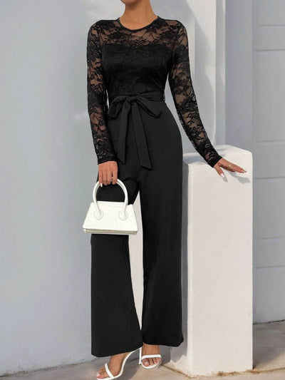 Perfee Lace Round Neck Long Sleeve Jumpsuit - Ebony's Shopping