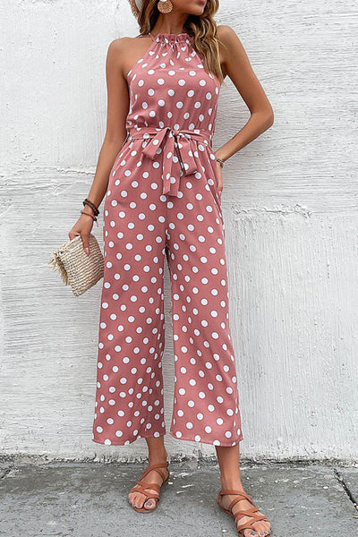 Perfee Polka Dot Grecian Wide Leg Jumpsuit - Ebony's Shopping