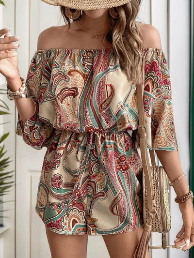 Perfee Printed Off Shoulder Half Sleeve Romper - Ebony's Shopping