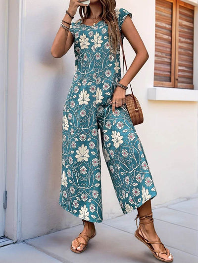 Perfee Printed Round Neck Cap Sleeve Wide Leg Jumpsuit - Ebony's Shopping