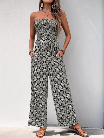 Perfee Printed Smocked Sleeveless Jumpsuit - Ebony's Shopping