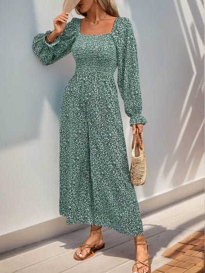 Perfee Smocked Printed Long Sleeve Wide Leg Jumpsuit - Ebony's Shopping
