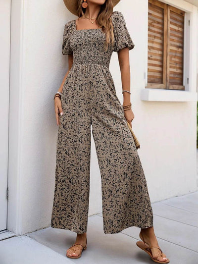 Perfee Smocked Printed Square Neck Puff Sleeve Jumpsuit - Ebony's Shopping