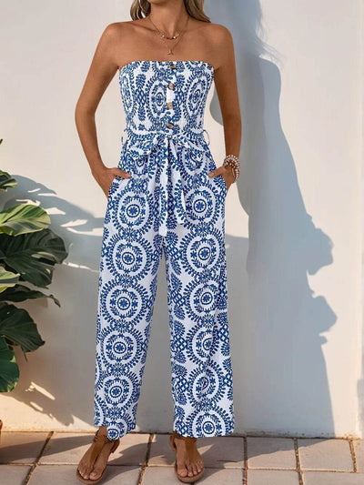 Perfee Smocked Tube Wide Leg Jumpsuit - Ebony's Shopping