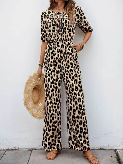 Perfee Tied Leopard Half Sleeve Jumpsuit - Ebony's Shopping