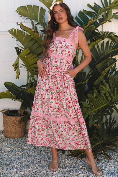 Pink Floral Lace Tied Strap Empire Waist Maxi Dress - Ebony's Shopping