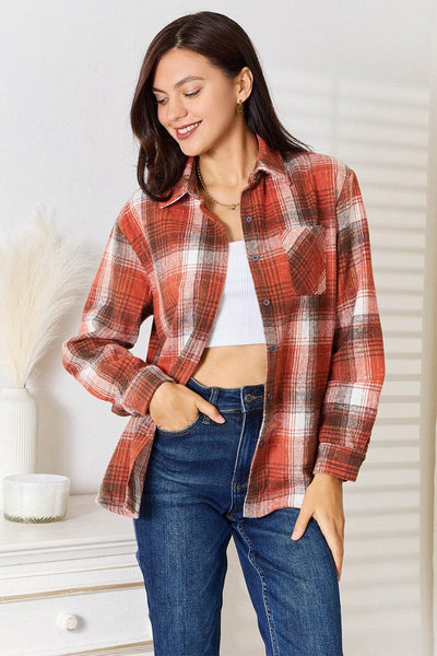 Plaid Collared Neck Long Sleeve Shirt - Ebony's Shopping