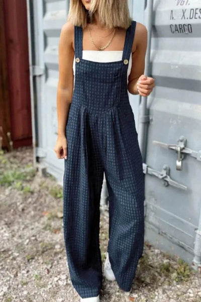 Plaid Wide Strap Wide Leg Overalls - Ebony's Shopping