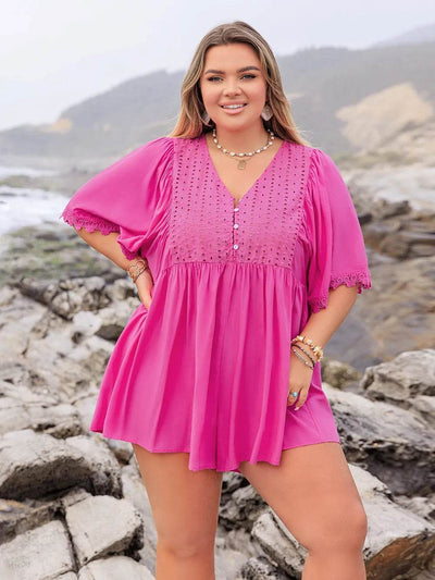 Plus Size Lace Detail V-Neck Half Sleeve Romper - Ebony's Shopping