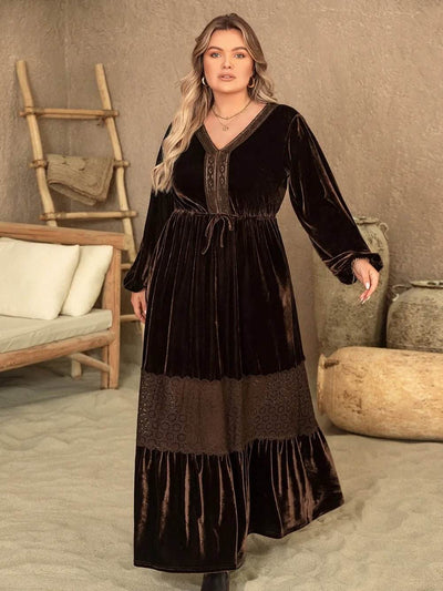 Plus Size V-Neck Balloon Sleeve Maxi Dress - Ebony's Shopping