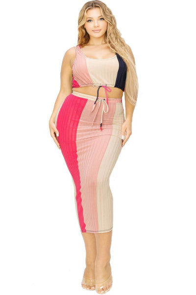 Plus Sleeveless Color Block 2 Piece Skirt Set - Ebony's Shopping