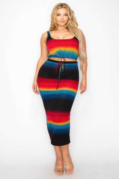 Plus Sleeveless Tie Dye Stripe 2 Piece Skirt Set - Ebony's Shopping