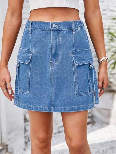 Pocketed Buttoned Denim Skirt - Ebony's Shopping