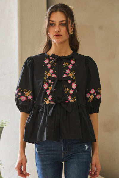 Poplin Front Ribbon Tie Blouse - Ebony's Shopping